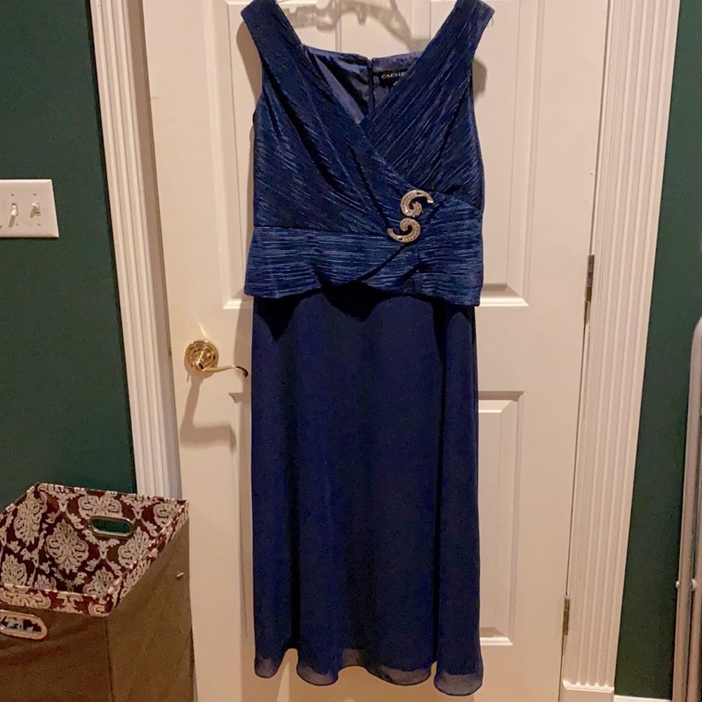 Beautiful Blue long evening dress with a faux crossover bodice
